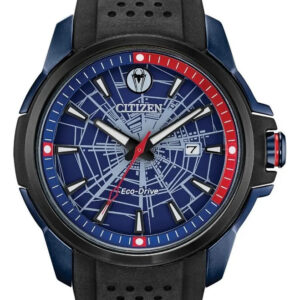 Reloj Citizen Eco-drive Marvel Spider-man Para Hombre Con Correa De Caucho Negro Y Esfera Azul
