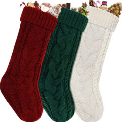 3 Botas De Navidad De 43cm Estambre De Punto Trenzado Rojo, Verde Y Blanco