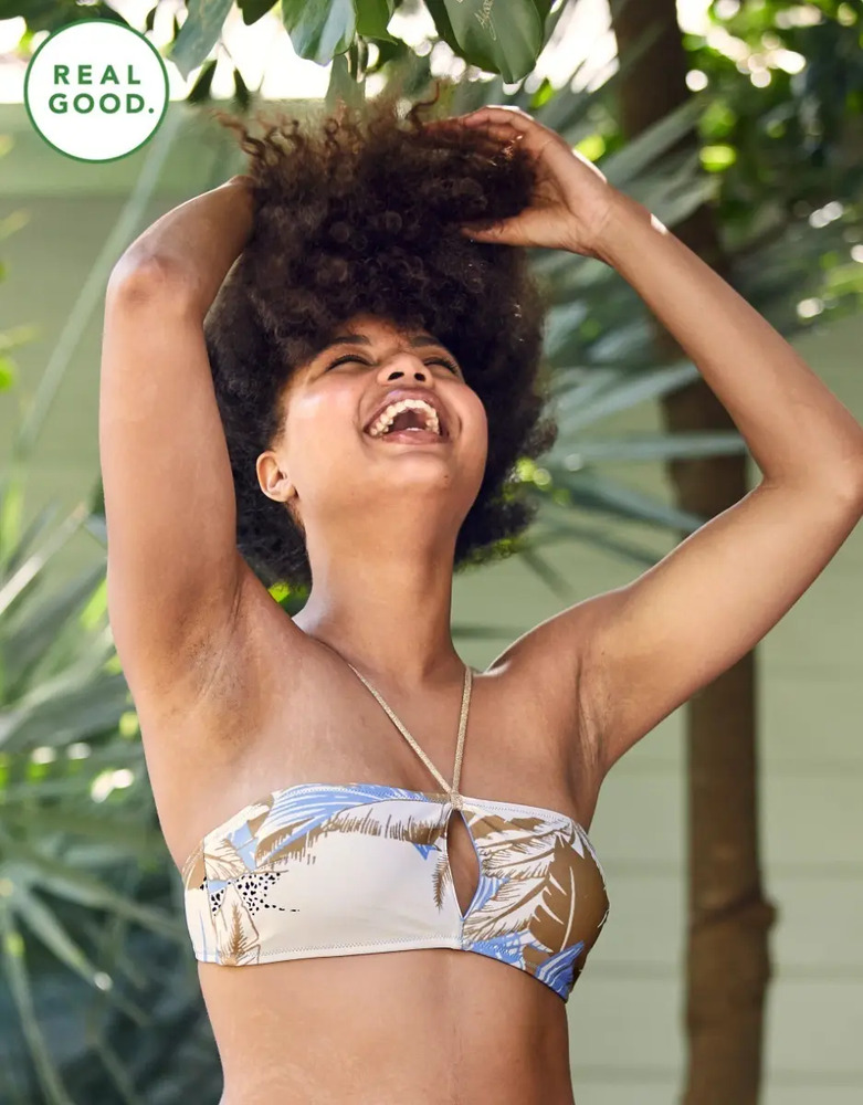 Bikini Aerie Bandeau Con Ojal Palms American Eagle Talla M Blanco Estampado M - Image 4